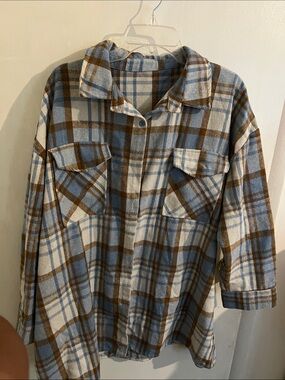 Blue and Brown Plaid Button-Up Shacket